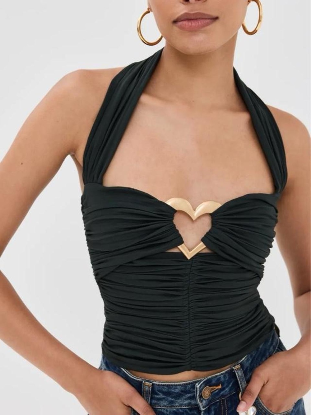 NWT AREA Deep Green (Almost Black) Halter Ruched Top with Gold Heart Accent